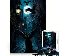 Winged Black Cat in Spooky Alley 1000 Piece Jigsaw Puzzles for Teenagers Jigsaw Brain Activity Time Well Spent Neat Edges (50x75cm)