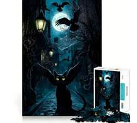 Winged Black Cat in Spooky Alley 1000 Piece Jigsaw Puzzles for Teenagers Recall Fun Play Tight Interlock No Gaps Family Fun Night Activity (50x75cm)