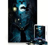 Winged Black Cat in Spooky Alley 1000 Pieces Jigsaw Puzzles for Teenagers Think Training Mindful Escape Defined Edges Seasonal Gift (38x52cm)