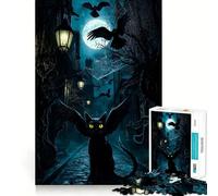 Winged Black Cat in Spooky Alley Jigsaw Puzzles 1000 Pieces Focus Boost Fun Laser Cut for Flawless Fit Bonding Activity for Loved Ones (38x26cm)