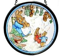 Decorative Hand Painted Stained Glass Window Sun Catcher/Roundel in Beatrix Potter's Mrs Rabbit with Flopsy Bunnies and Peter in their Burrow