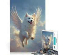 Winged Samoyed Dog Flying in Sky Adults 1000 Pieces Puzzle Mind Training Fun Burr Free Clean Cut Pieces Heartwarming Gathering Activity (38x26cm)