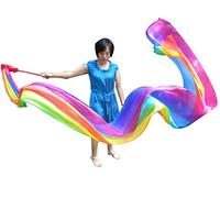 Winged Sirenny 4m Colorful Flowy Silk Ribbon throw streamer with Rods, Church Liturgical Praise & Worship Adoration Dance Banner, Practice Streamers for Beginners (Long stripes Rainbow plus)
