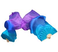 Winged Sirenny Pair Spinning Silk Fan Veils with Poi Strings,150cm (59") Fan Pois for Belly Dance, Flow Arts & Performance, with Adjustable Bamboo Handles & Carry Bag (turquoise-blue-purple)