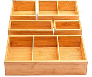 Winged Sirius 5-Piece Bamboo Drawer Organiser | Multi-Sized Compartments with Removable Dividers | Set of 5 Durable Wood Storage Boxes with Extra Foot Pads | Perfect for Home and Office Use