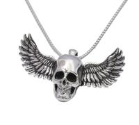 Winged Skull Necklace Pendant, Polished Head with Wide Feather Spread | Layered Plumes, Smooth Dome, Hollow Sockets, Open Jaw, Dark Contrast, Antique Finish, Rock Style, Everyday Wear