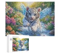 Winged White Tiger Cub Leaping over Forest Stream 300 Piece Jigsaw Puzzle for Seniors Indoor Leisure Mind Stimulation Gift for Thoughtful Present 300 PCS