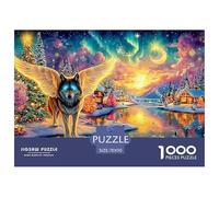 Winged Wolf by A River; Snowy Village, Glowing Sky And Birds 1000 Piece Jigsaw Puzzle Enchanted Spirit Wolf - Perfect Present for Boys, Girls, Men & Women 70x50cm/1000pcs