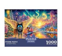 Winged Wolf by A River; Snowy Village, Glowing Sky And Birds 1000Pc Jigsaw Puzzle Enchanted Spirit Wolf - Perfect for Family Puzzle Nights, Adults & Kids 38x26cm/1000pcs