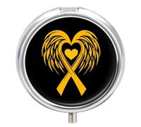 Winged Yellow Ribbon Cancer Awareness Pill Box with 3 Compartments and Mirror Cute Metal Round Pill Case for Vitamin Fish Oils