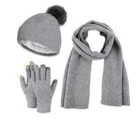 WingFly Women Bobble Hat Scarves Gloves Set Thermal Winter Warm Knitted Beanie Hat Neck Warmer and Touchscreen Gloves Unisex (grey)