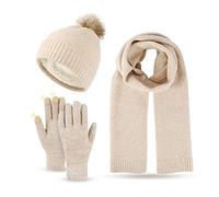 WingFly Women Bobble Hat Scarves Gloves Set Thermal Winter Warm Knitted Beanie Hat Neck Warmer and Touchscreen Gloves Unisex (beige)