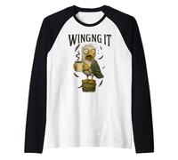 Winging It - Retro Unhinged Anxious Seagull Drinking Coffee Raglan Baseball Tee