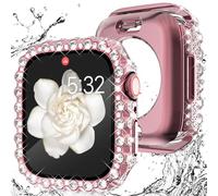 Wingle 2 in 1 Waterproof Bling Case for Apple Watch 40mm Screen Protector SE (2nd/3rd Gen) Series 6 5 4, Lace Edge Diamond Face Cover Full Glitter Rhinestone Bumper for iWatch Women, 40 mm Pink