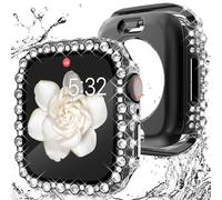 WINGLE 2 in 1 Waterproof Case for Apple Watch 44mm Screen Protector Case Series 6 5 4 SE, Bling Lace Edge Diamond Face Cover Full Glitter Rhinestone Protective Bumper for iWatch Women, 44mm Black