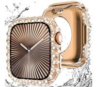 WINGLE 2 in 1 Waterproof Case for Apple Watch Series 10 46mm Screen Protector Case, Bling Lace Edge Diamond Face Cover Glitter Rhinestone Protective Bumper for Apple Watch 10 Women, 46 mm Rose Gold