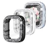 WINGLE 3pack for Fitbit Versa 2 watch Screen Protector Case, Women Bling Case for Fitbit Versa 2 Cover Crystal Diamonds Rhinestone Overall Soft Slim Protective Bumper Shell (Black,Silver,Clear)