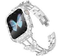 WINGLE Bling Band and Case for Apple Watch Band 44mm Women Series 6 5 4 SE, Butterfly Diamond Metal Band Rhinestone Crystal Bracelet Dressy Chain with Sparkle Screen Protector Case, 44 mm Silver