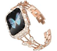 WINGLE Bling Band and Case for Apple Watch Band Women 40mm SE 3/2/1 Series 6 5 4, Butterfly Diamond Metal Band Rhinestone Crystal Bracelet Jewelry Chain with Sparkle Screen Protector, 40 mm Rose Gold