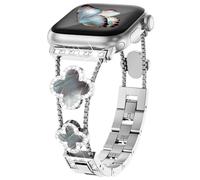 WINGLE Bling Band for Apple Watch Bands for Women 45mm 44mm 42mm 46mm Series 10 9 8 7 6 5 4 3 2 1 SE, Sparkle Diamond Bracelet Cute Lucky 4 Leaf Clover Dressy iWatch Band, Silver/Black Pearl