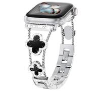 WINGLE Bling Band for Apple Watch Bands Women 45mm 44mm 42mm 46mm Series 11 10 SE 3/2/1 9 8 7 6 5 4 3 2 1, Sparkle Diamond Metal Bracelet Cute Lucky 4 Leaf Clover Dressy iWatch Band, Silver/Black