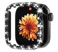 WINGLE Bling Case for Apple Watch 41mm Screen Protector Case Series 9 8 7, Lace Edge 4 Leaf Clover Diamond Face Cover Full Glitter Rhinestone Protective Bumper for iWatch Women, 41mm Black