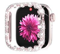 WINGLE Bling Case for Apple Watch 44mm Screen Protector Series 6 5 4 SE (2nd Gen), Lace Edge 4 Leaf Clover Diamond Face Cover Glitter Rhinestone Protective Bumper for iWatch Women, 44mm Original Pink