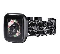 WINGLE Compatible with Fitbit Versa 2 strap, Women Bracelet Replacement band for Fitbit Versa/Versa Lite Edition Strap (Black Stainless Steel with Black Leather)