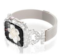 WINGLE Milanese Loop for Apple Watch Bands Series 11 10 46mm Women Slim Magnetic Metal Mesh Band with Bling Glitter Case Screen Protector Dressy Apple Watch Band iWatch Strap for Woman, Starlight
