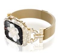 WINGLE Milanese Loop for Gold Apple Watch Bands Women 40mm SE 3/2/1 Series 6 5 4 Slim Magnetic Metal Mesh Band with Bling Glitter Case Screen Protector Dressy Apple Watch Band iWatch Strap