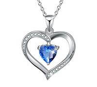 Winglove Forever Love Heart Necklace 18K Gold Plated 925 Sterling Silver Birthstone Pendant Necklace with 5A Cubic Zirconia Birthday Gifts for Women and Girls.(Silver-Dec-Blue Topaz)