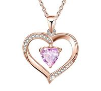 Winglove Forever Love Heart Necklace 18K Gold Plated 925 Sterling Silver Birthstone Pendant Necklace with 5A Cubic Zirconia Birthday Gifts for Women and Girls.(Rose Gold-Oct-Tourmaline)