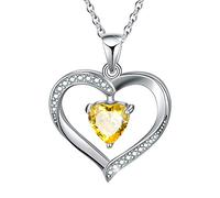 Winglove Forever Love Heart Necklace 18K Gold Plated 925 Sterling Silver Birthstone Pendant Necklace with 5A Cubic Zirconia Birthday Gifts for Women and Girls.(Silver-Nov-Citrine)