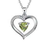 Winglove Forever Love Heart Necklace 18K Gold Plated 925 Sterling Silver Birthstone Pendant Necklace with 5A Cubic Zirconia Birthday Gifts for Women and Girls.(Silver-Aug-Peridot)