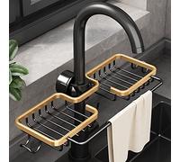 WINGSIGHT Faucet Sponge Holder Kitchen Sink Caddy Organizer Fit 0.71-1.1 inch Diameter Faucet Hanging Drain Rack for Sink Organizer (Double with Dishcloth Rack, Golden)