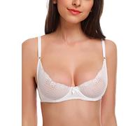WingsLove Sexy Bra Sheer Wired See Through Soft 1/2 Half Demi Cup Unlined Bralette Lace Mesh (White 38C)