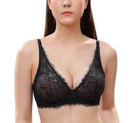 WingsLove Women's Floral Lace Bra Underwired Deep V Plunge Sexy Non Padded Full Coverage See Through Bra Black