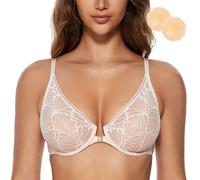 WingsLove Women's Lace Front Closure Bra Plus Size Underwired Support Non-Padded Everyday Push Up Bras Plunge Sheer Floral for Full Figure Big Bust(Dusty Peach Pink,40C)