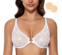 WingsLove Women's Lace Front Closure Bra Plus Size Underwired Support Non-Padded Everyday Push Up Bras Plunge Sheer Floral for Full Figure Big Bust(White,38D)