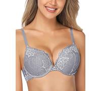 WingsLove Women's Push up Bra Floral Lace Padded Underwire Bra Demi Plunge (Grey 32D)