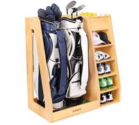 WINGYZ Premium Birch Plywood Golf Bag Storage for 2 Bags | 36lb Rock-Solid Golf Bag Organizer | 7-Shelf Command Center | Artificial Turf 12-Ball Display | No Wall Mounting Required (Natural)