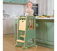 WINGYZ Wooden 3-Height Adjustable Toddler Learning Tower for Baby Helper Bathroom Kitchen Nursery, Toddler Step Stool with Anti-tilt Structure Anti-slip Strips Sliding Door (Green)