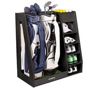 wingyz Wooden Golf Storage Organizer for Garage Fits 2 Bags for Any Level Golfer Great Gift, Golf Bag Rack Club Holder with 12-Ball Display Rack and 5 Shelves for Equipment Accessories (Black)