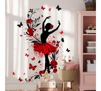 Winhappyhome Red Rose Ballet Girl Butterfly Wall Sticker Girls Room Dancing Room Decoration Decals