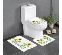WINHGA Bunny Picking Sunflowers Prints 3 Pcs Bathroom Anti-Slip Mat Set 24x16in Rectangular, U-Shaped & Oval Rugs for Toilet, Vanity & Bath