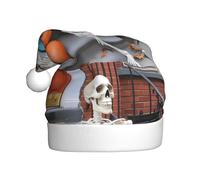 WINHGA Thinking Skeleton Prints Men's and women's plush Christmas hats, adult New Year's holiday party caps