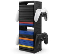 WinHUb Game Storage Tower Stand for PS5, PS4, Xbox Series X/S, Xbox One, Switch & Blu-Ray Discs - 24 Disc Organizer Rack with Controller & Headset Hooks, Vertical Double-Tier Space-Saving