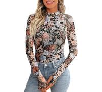 WINKEEY Long Sleeve Tops Women Turtle Crew Neck Tight Print Floral Leopard T Shirts for Women UK Breathable Comfort Stretch Soft Ladies Blouses,Black Floral Fragments XL