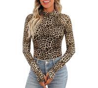 WINKEEY Long Sleeve Tops Women Turtle Crew Neck Tight Print Floral Leopard T Shirts for Women UK Breathable Comfort Stretch Soft Ladies Blouses,Khaki Leopard Print L