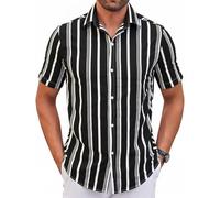 WINKEEY Short Sleeve Shirts Men Stripe Casual Button Down Mens Shirts Lightweight Breathable Soft Beach Cotton Mens Summer Shirt Top,Black 2XL